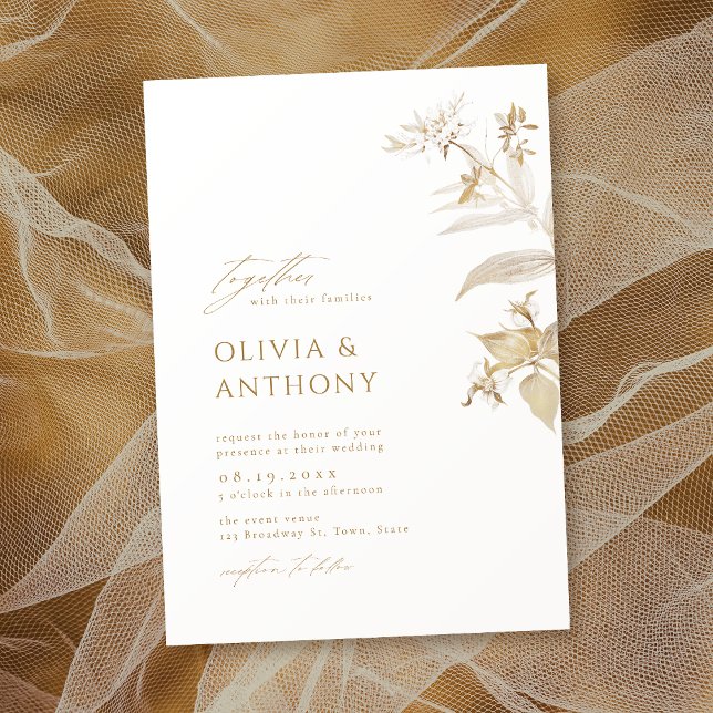 Invitation Élégant Mariage botanique moderne or (Elegant Modern Gold Botanical Floral Wedding Invitation)