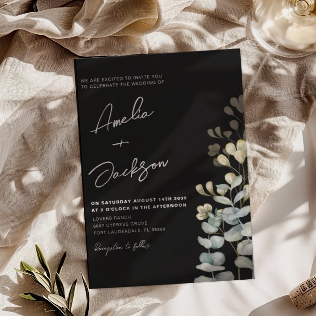 Invitation Élégant mariage botanique noir et blanc  (Créateur téléchargé)