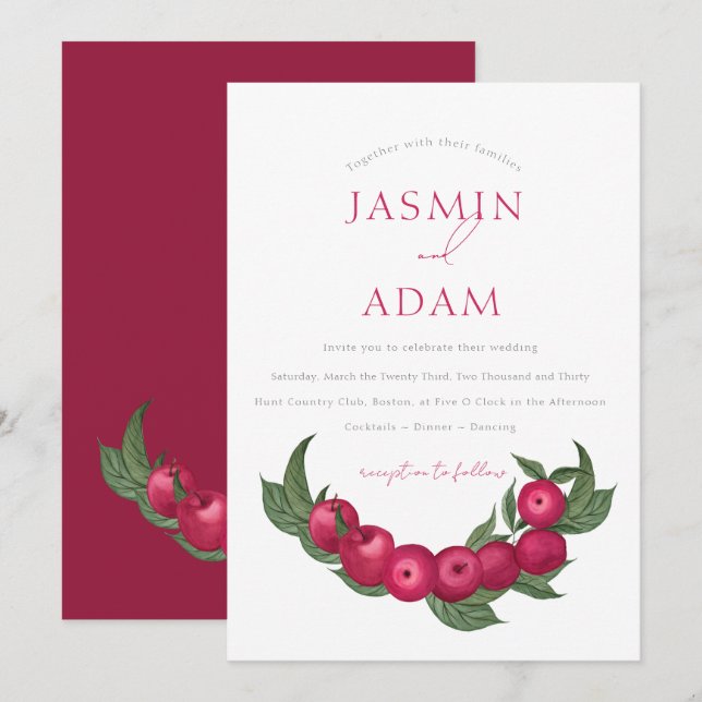 Invitation Élégant mariage botanique rouge canneberge (Devant / Derrière)