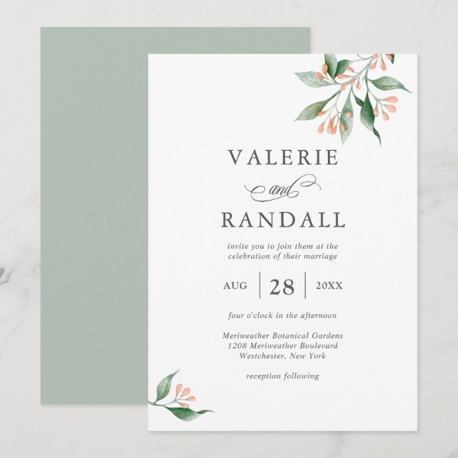 Invitation Elégant Mariage botanique simple aquarelle (Devant / Derrière)