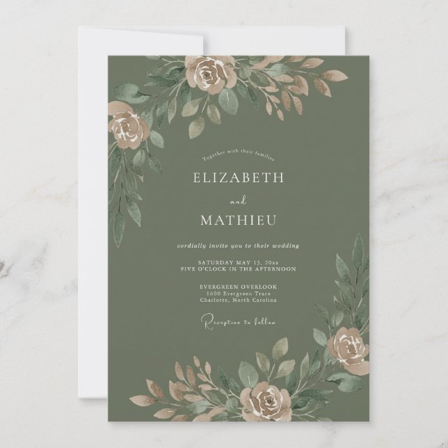 Invitation Élégant mariage botanique vert olive (Devant)