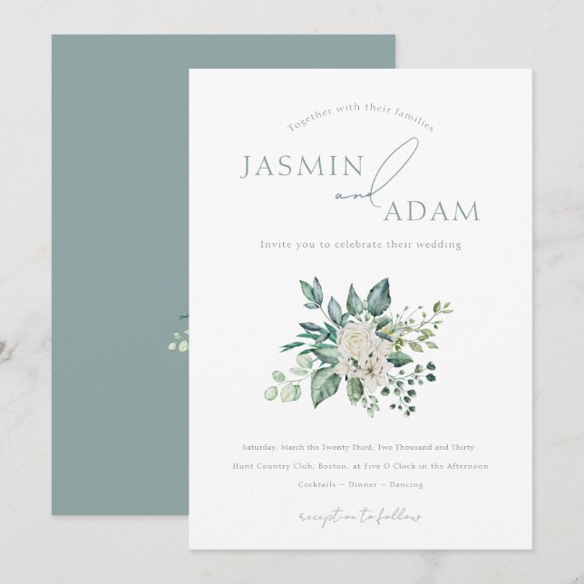Invitation Élégant mariage botanique vert sauge (Devant / Derrière)
