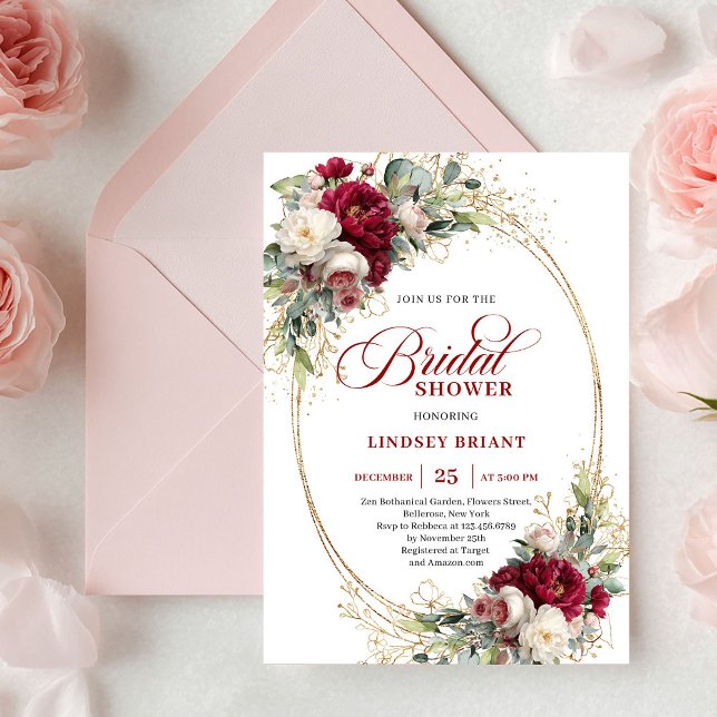 Invitation Élégant Mariage Bourdon Blanc Or Douche de Mariée  (Elegant Burgundy White Rose Gold Bridal Shower Invitation)
