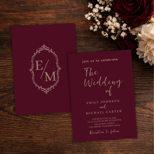 Invitation Élégant Mariage Bourgogne Luxe Monogramme Or (Créateur téléchargé)