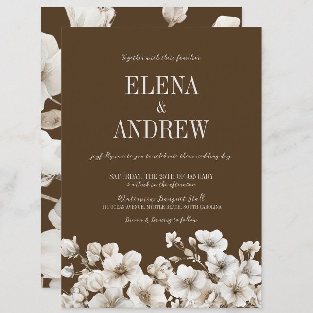 Invitation Élégant Mariage Brown et blanc (Elegant Brown & White Floral Wedding Invitation, Winter Wedding, Fall Autumn, Love in Bloom)