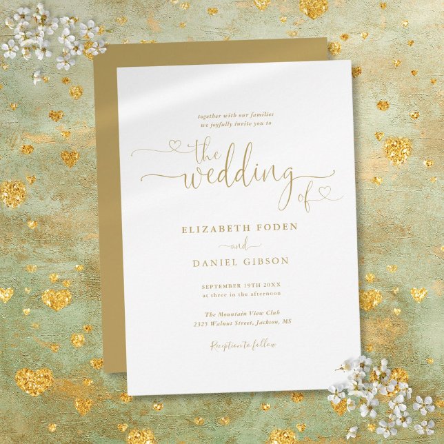 Invitation Élégant Mariage Calligraphie Script Cœurs en Or (Elegant Gold Hearts Script Calligraphy Wedding Invitation)