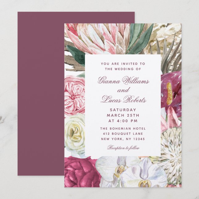 Invitation Elégant Mariage campagnard floral Boho aquarelle (Devant / Derrière)
