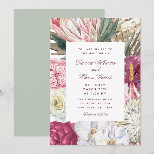 Invitation Elégant Mariage campagnard floral Boho aquarelle (Devant / Derrière)