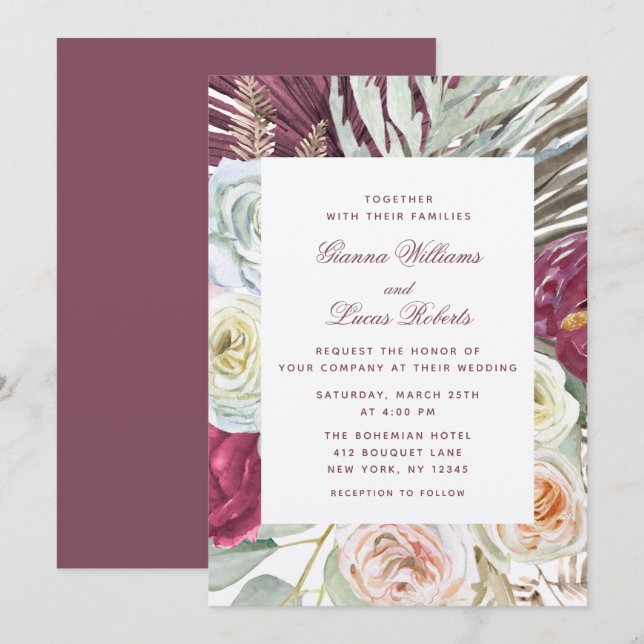 Invitation Elégant Mariage campagnard floral Boho aquarelle (Devant / Derrière)