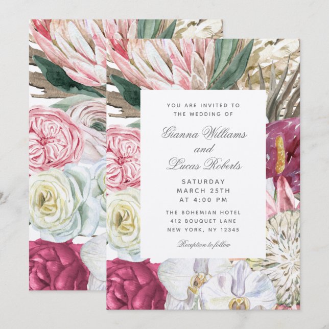 Invitation Elégant Mariage campagnard floral Boho aquarelle (Devant / Derrière)