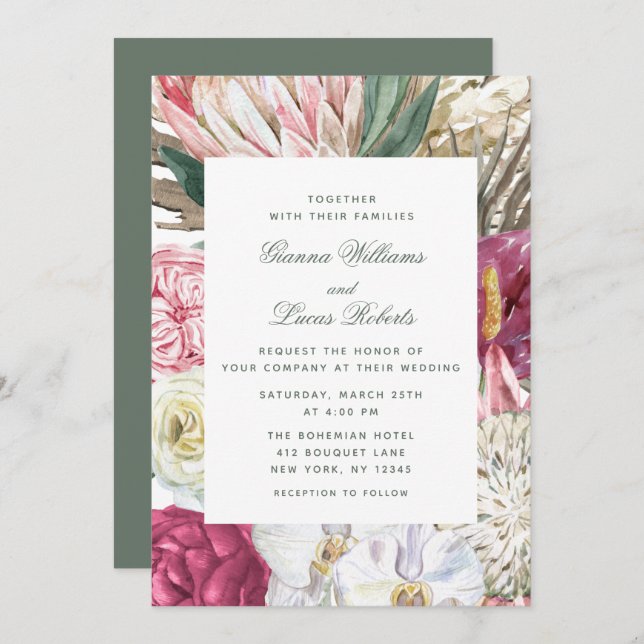 Invitation Elégant Mariage campagnard floral Boho aquarelle (Devant / Derrière)