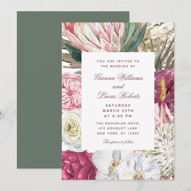Invitation Elégant Mariage campagnard floral Boho aquarelle (Devant / Derrière)