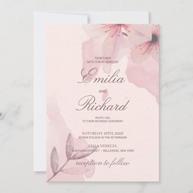 Invitation Élégant mariage campagnard floral en poudre rose d (Devant)