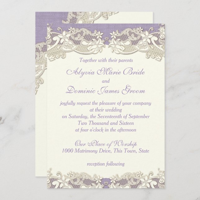 Invitation Élégant Mariage campagnard Lavande (Devant / Derrière)