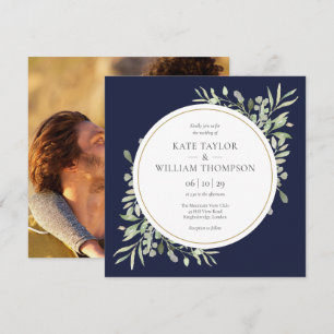 Invitation Élégant mariage carré photo de verdure bleu marine
