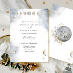 Invitation Élégant Mariage céleste blanc, or et argent<br><div class="desc">Dégustez vos invités avec cet élégant faire-part de mariage céleste aquarelle avec un ciel exquis avec étoiles et lune dans un magnifique mélange de gris, argent, une touche de bleu et d'or. Délicates nuances de lune aquarelle sur la bordure supérieure encadrant vos détails mariages. Étoiles et côtés de lune en...</div>