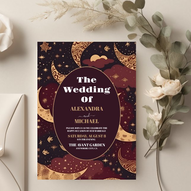 Invitation Élégant Mariage céleste d'or de Bourgogne (Créateur téléchargé)