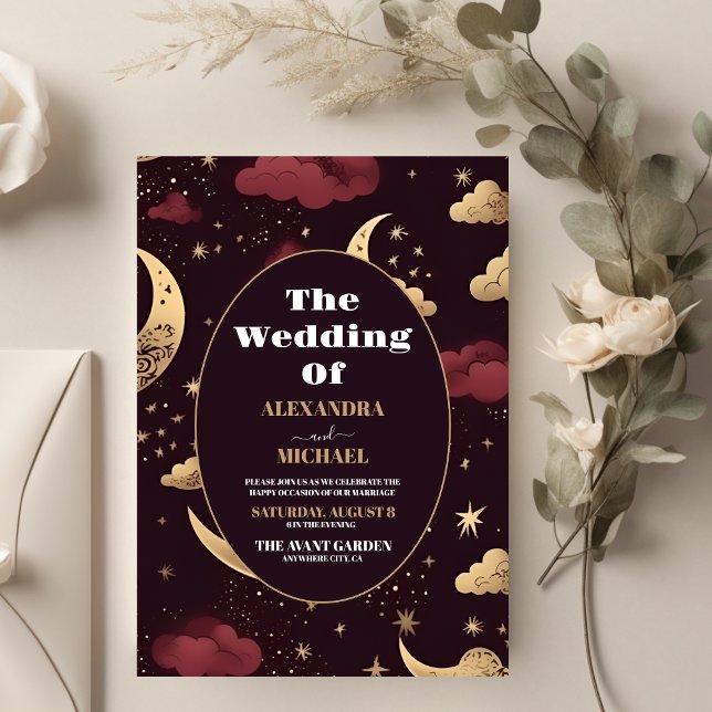 Invitation Élégant Mariage céleste d'or de Bourgogne (Créateur téléchargé)