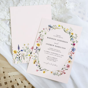 Invitation Élégant mariage champ de fleurs sauvages rose tend