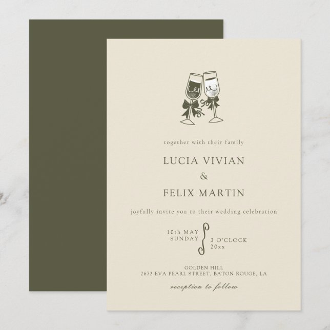 Invitation Élégant Mariage champagne Sage Green (Devant / Derrière)