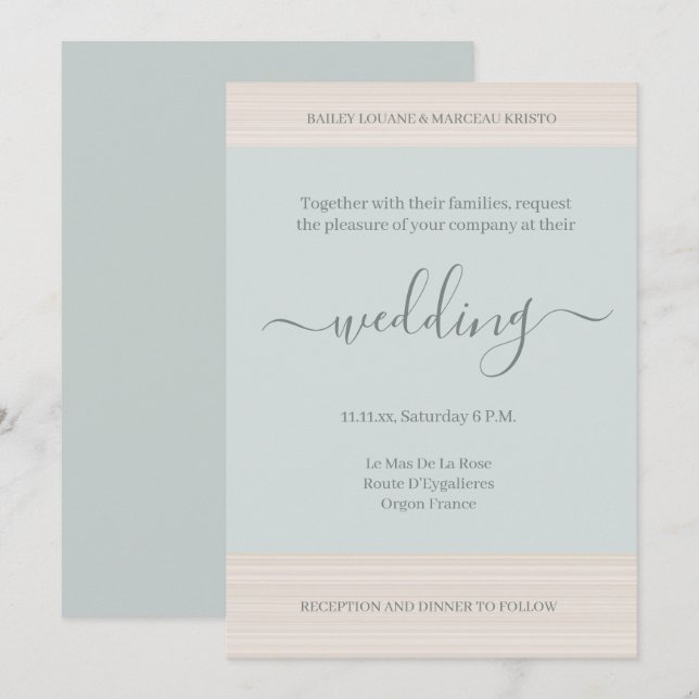 Invitation Élégant Mariage chic en bois de Sage Bleu (Devant / Derrière)