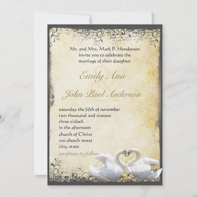 Invitation Élégant Mariage Chic Rustique Cygne Oiseaux d'Amou (Dos)