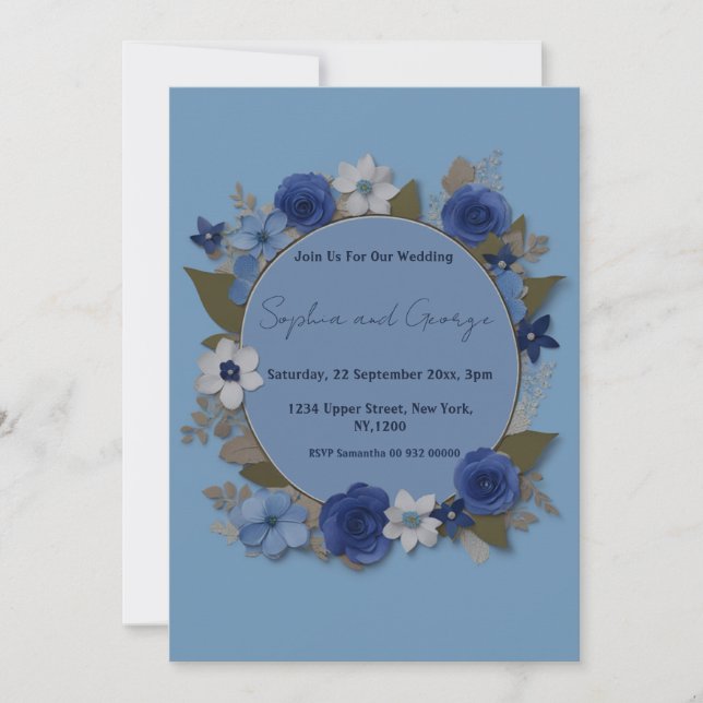 Invitation Elégant mariage Circle Fleurs Argent Marine (Devant)