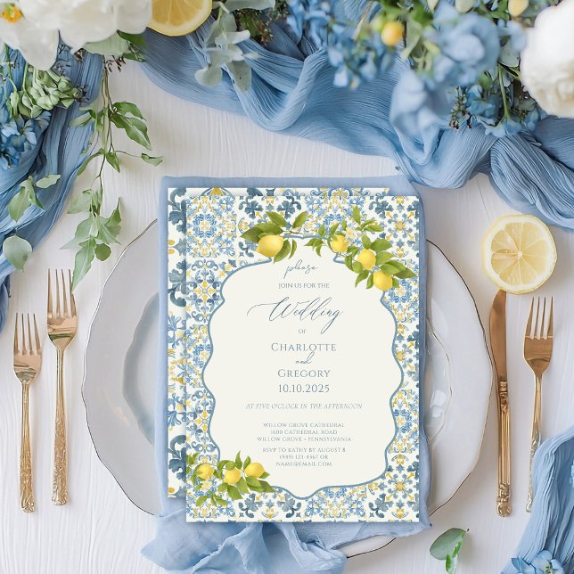 Invitation Élégant Mariage citron en carrelage bleu italien (Créateur téléchargé)