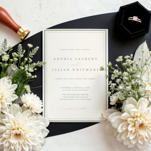Invitation Élégant Mariage Classique Bordure Vert Sauge (Créateur téléchargé)