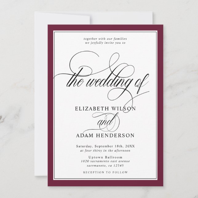 Invitation Élégant Mariage classique de Bourgogne et de Blanc (Devant)