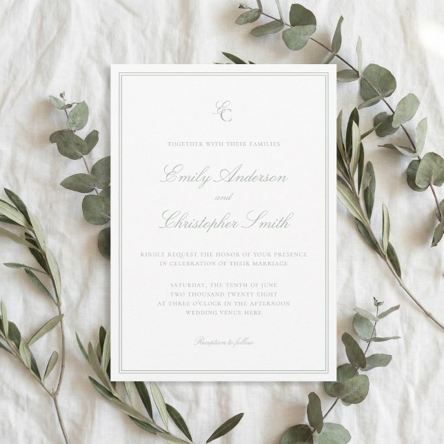Invitation Élégant Mariage Classique Vert Sauge (Créateur téléchargé)