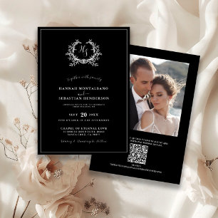 Invitation Élégant Mariage Code QR Crête Monogramme Noir