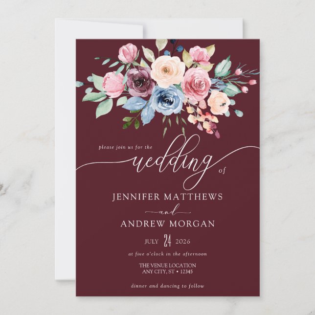 Invitation Élégant Mariage Code QR Fleurs Bleu Bourgogne (Devant)