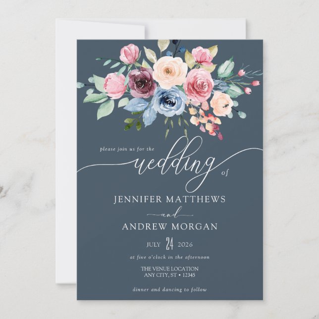 Invitation Élégant Mariage Code QR Fleurs Bleu Bourgogne (Devant)