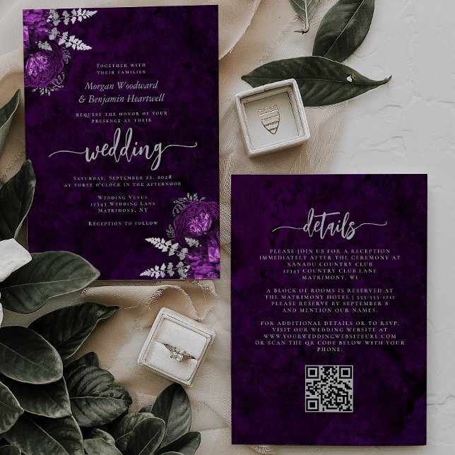 Invitation Élégant mariage code QR floral argent plum (Créateur téléchargé)