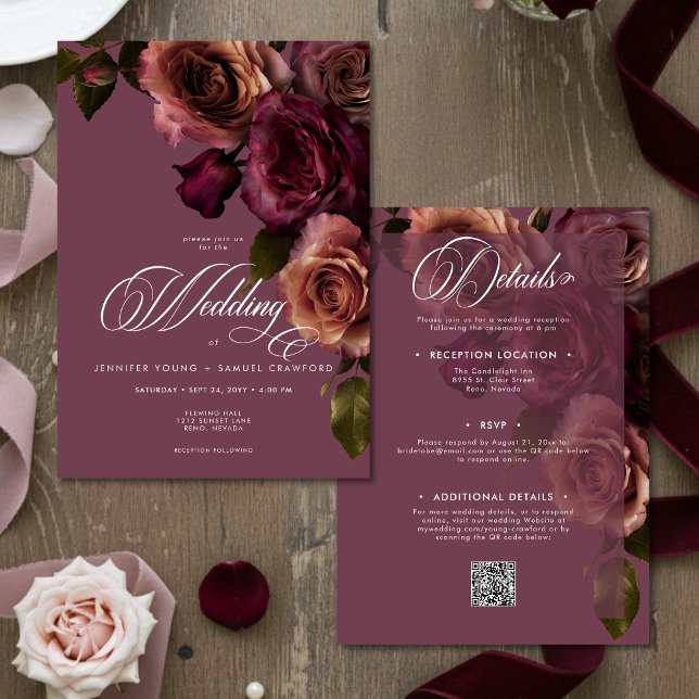 Invitation Élégant Mariage Code QR Floral Bourgogne Rustique (Créateur téléchargé)