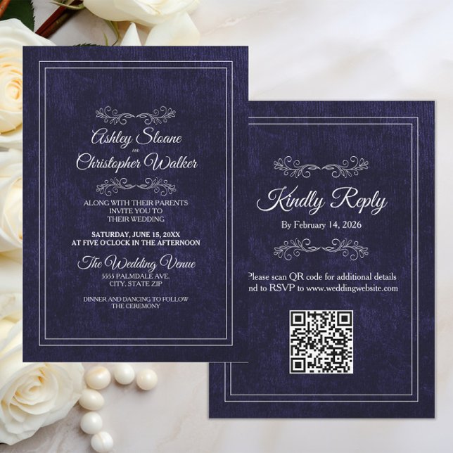 Invitation Élégant Mariage code QR noir blanc poussiéreux (Black velvet and white text elegant wedding invitation and rsvp combination with your QR code)