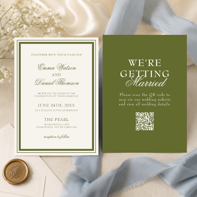Invitation Élégant mariage code QR vert olive (Elegant olive green QR code wedding invitation makes sharing details simple and stylish.)