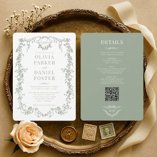 Invitation Élégant Mariage Code QR Vert Sauge Victorien