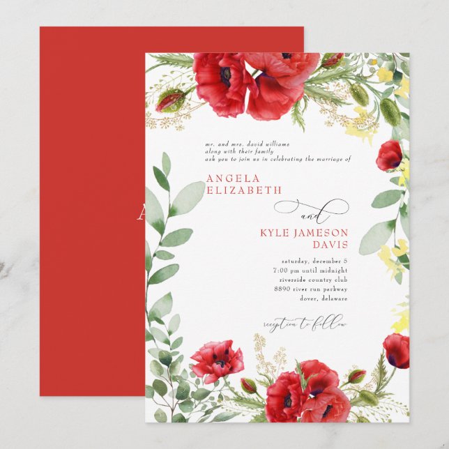 Invitation Élégant Mariage Colorful Red Poppies (Devant / Derrière)
