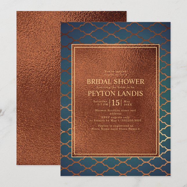 Invitation Élégant Mariage Copper Turquoise Or Fête de Mariée (Devant / Derrière)