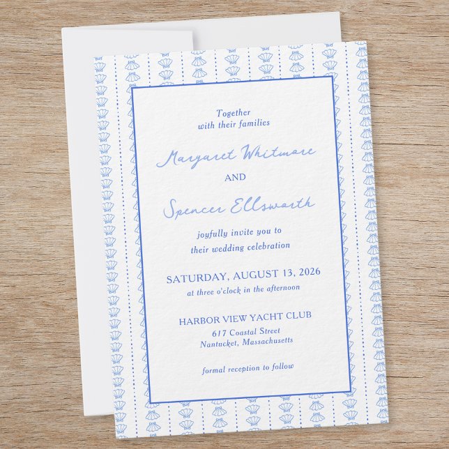 Invitation Elégant Mariage côtier bleu à main dessinée de coq (Créateur téléchargé)