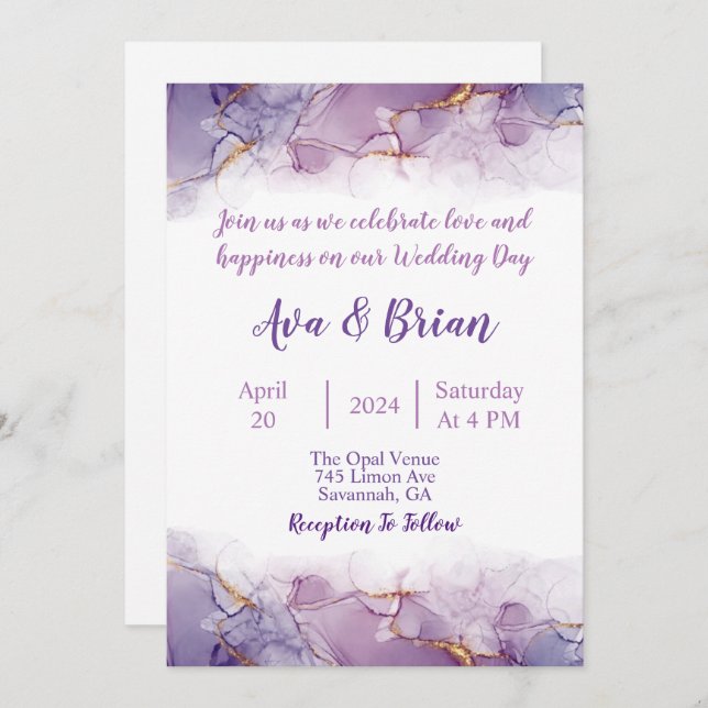 Invitation Elégant Mariage couleur or violet marbre Aquarelle (Devant / Derrière)
