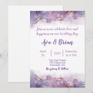 Invitation Elégant Mariage couleur or violet marbre Aquarelle