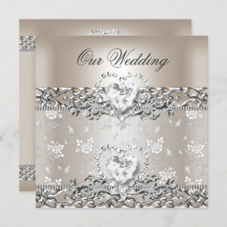Invitation Elégant mariage Crème Argent Coeur Diamant