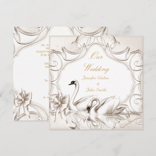 Invitation Élégant Mariage Crème Cygnes Blancs Nœud (Devant / Derrière)