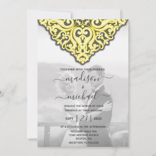 Invitation Elégant Mariage damassé gris jaune