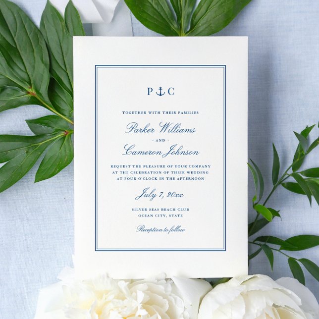 Invitation Élégant Mariage d'Ancre bleu marine (This elegant anchor monogram wedding invitation matches the Coastal Map Designs Save the dates)