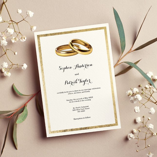Invitation Élégant Mariage d'anneaux d'or blanc moderne (Elegant modern white gold rings Wedding Invitation )