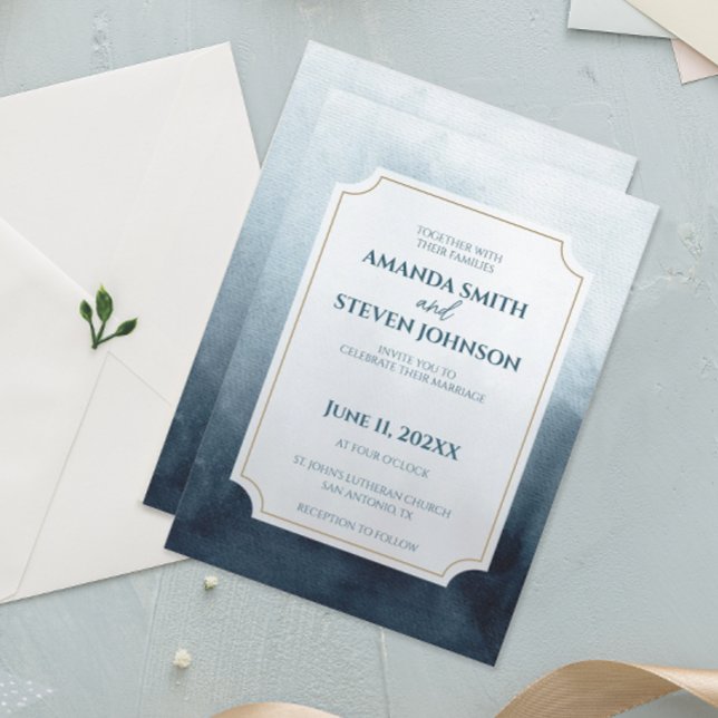 Invitation Elégant Mariage d'aquarelle bleu (Modern abstract blue watercolor wedding invitation)